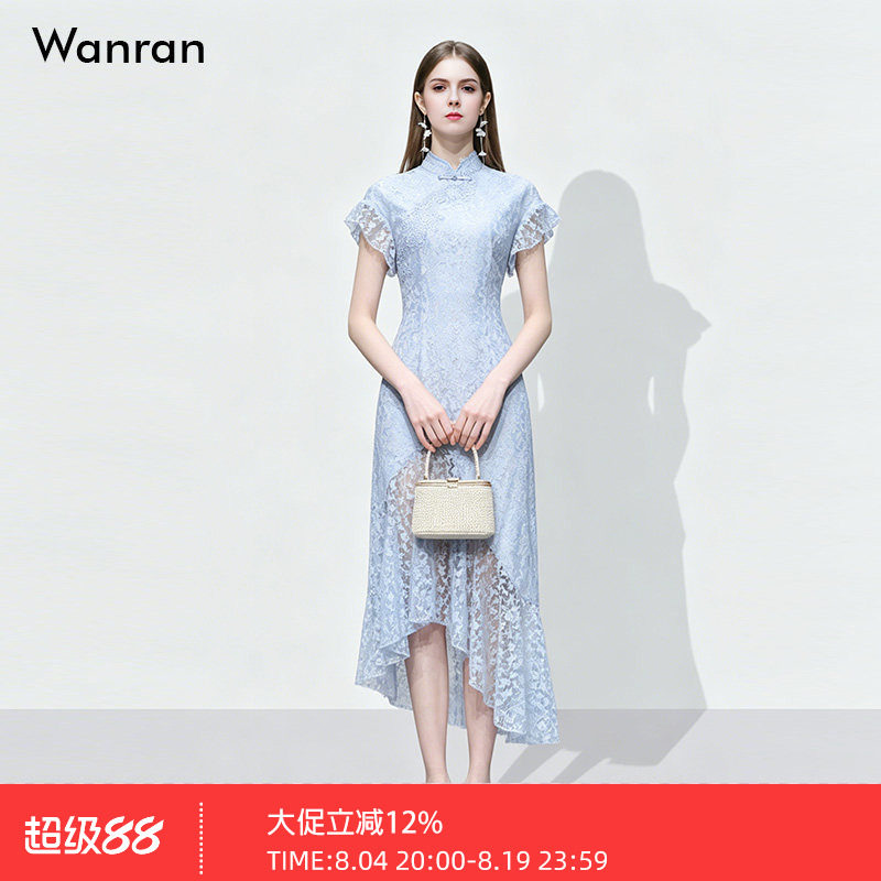 2026夏季新款新中式气质立领短袖收腰不规则鱼尾摆蕾丝旗袍连衣裙