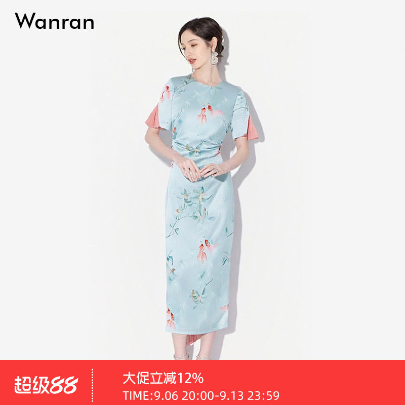 2026夏季新款新中式国风提花印花拼接欧根纱修身铅笔型连衣裙