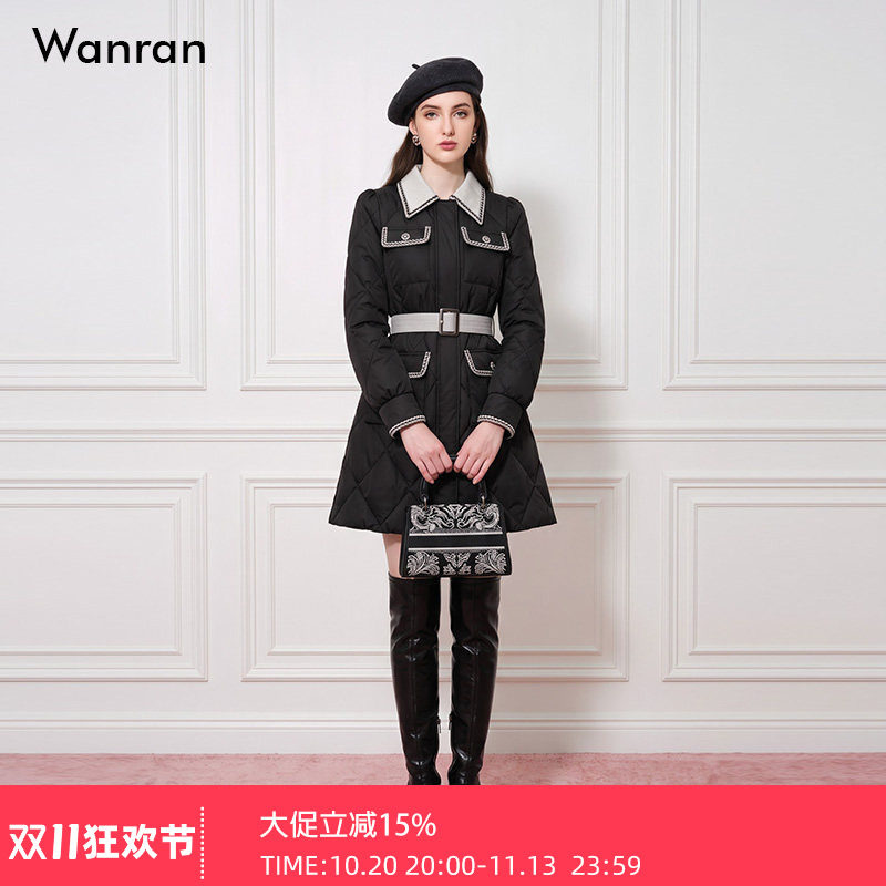 2026冬季新款时尚撞色翻领贴袋小香气质系带A字羽绒服外套白鸭绒
