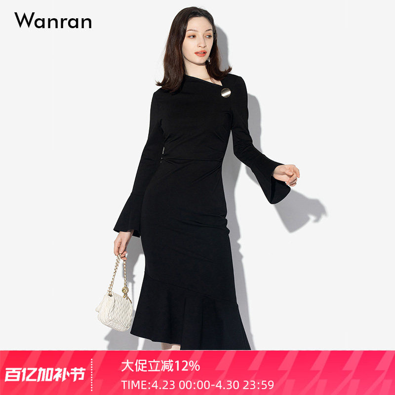 春装女装2026新款气质黑色喇叭袖修身收腰显瘦鱼尾连衣裙长裙裙子
