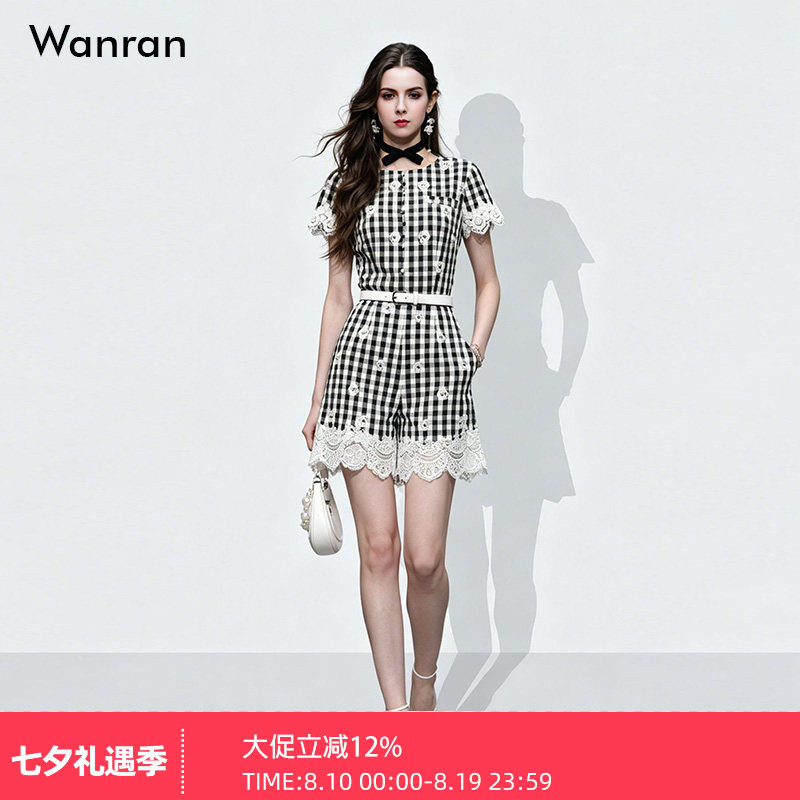 2026夏季新款时尚千金风蕾丝拼接系带A字撞色玫瑰花格子连体裤女