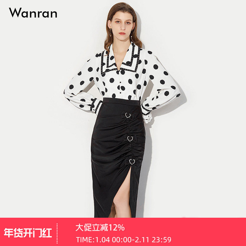 2026春季新款欧美时尚大翻领波点衬衣收腰修身抽褶半身裙套装,女装/女士精品,时尚套装,淘宝优惠券,粉丝福利购,淘宝优惠卷