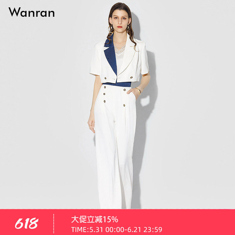 2026夏装新款短袖西装套装甜酷时尚白色外套高腰直筒显瘦长裤