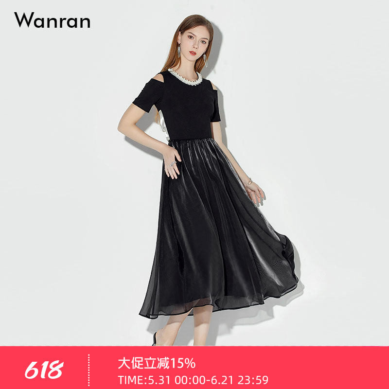 2026夏季新款气质优雅经典圆领花边装饰露肩后背蝴蝶结大摆小黑裙