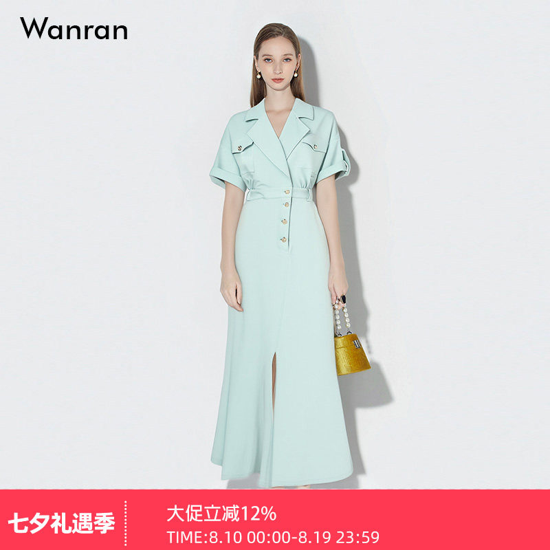 2026夏季新款仿棉麻精致面料收腰鱼尾开衩气质优雅西装领连衣裙女