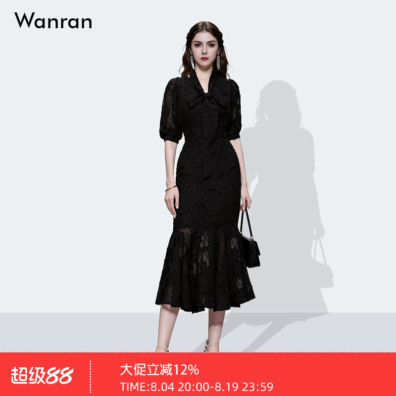 2026夏季新时尚名媛V领收腰提花雪纺中长鱼尾黑色连衣裙