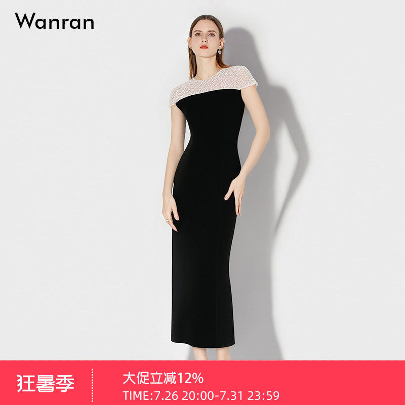 2026年夏季新款时尚法式简约撞色蕾丝收腰显瘦长裙直筒开衩连衣裙