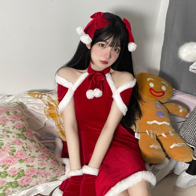 网红圣诞节套装裙制服红色性感连衣裙女秋冬毛绒裙子纯欲风短裙