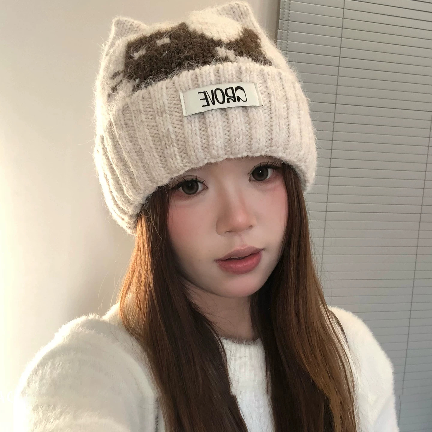 秋冬加绒猫咪刺绣护耳堆堆帽女
