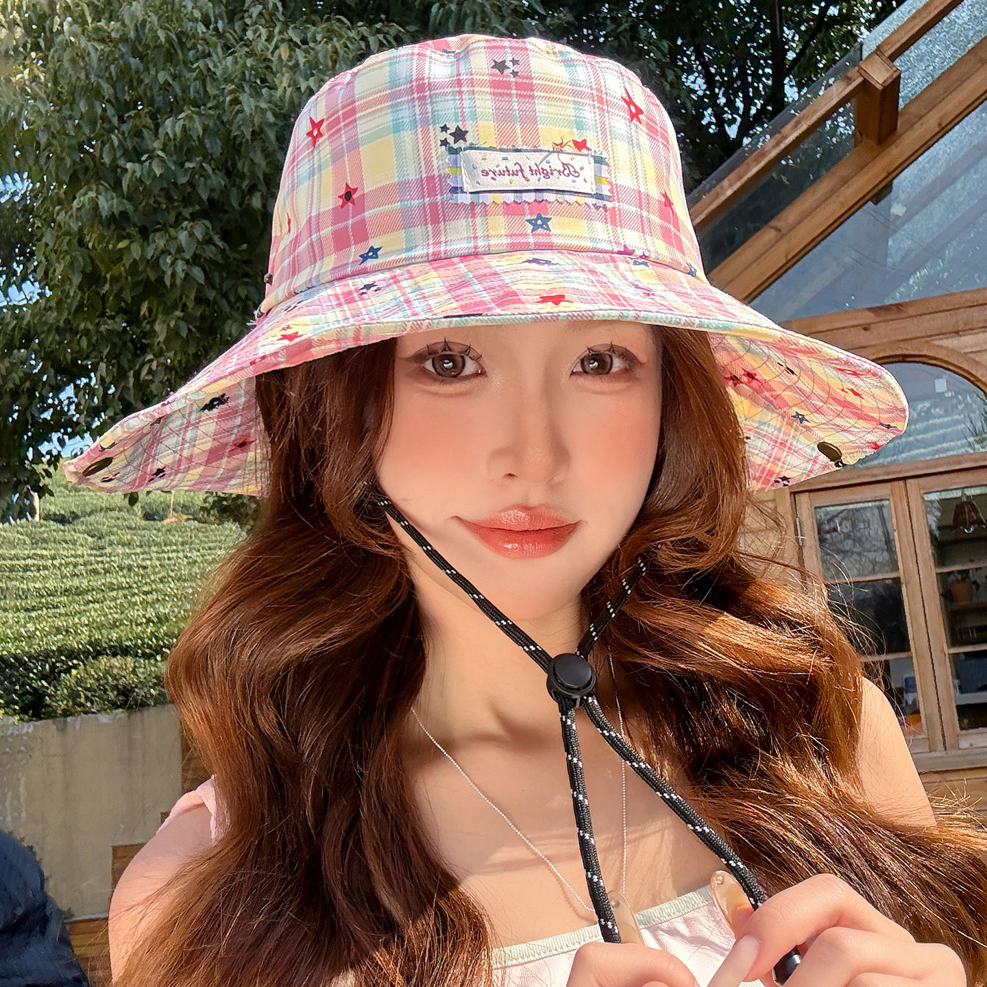 夏季辣妹格纹防晒显脸小渔夫帽
