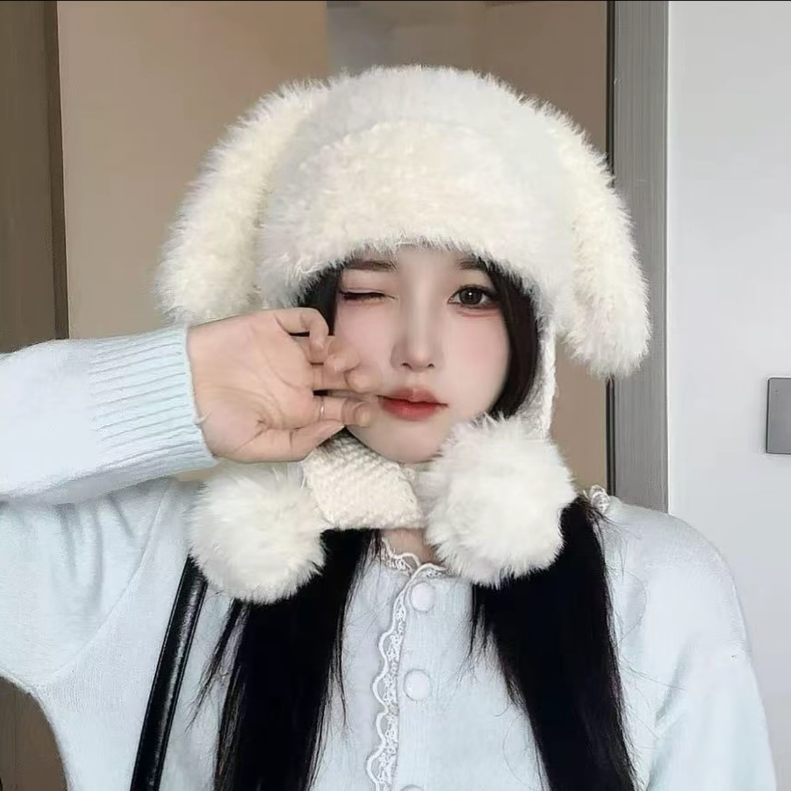 2025新款毛绒兔耳针织帽子女