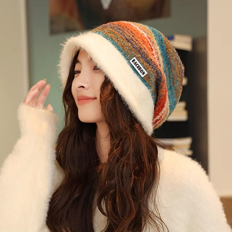 条纹混彩多巴胺堆堆帽字女秋冬保暖针织冷帽网红大头围百搭毛线帽