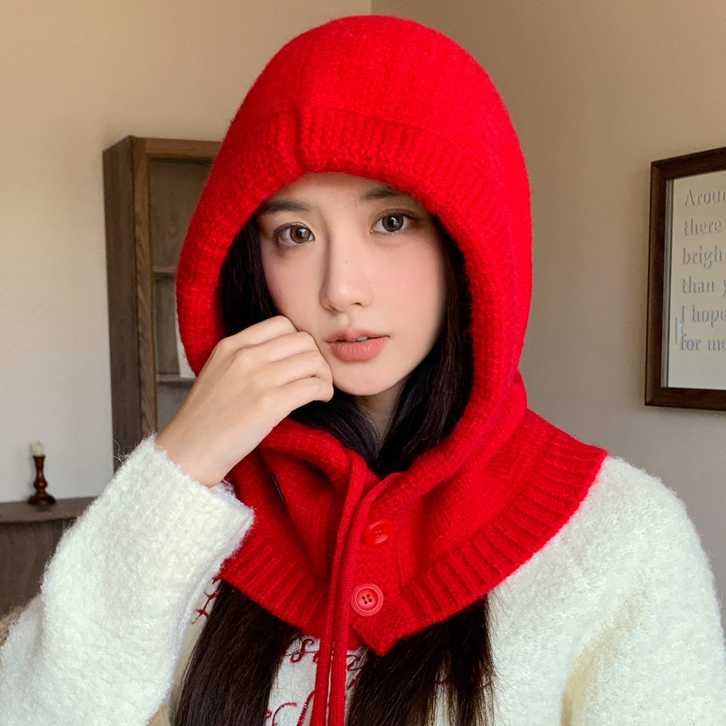 红色针织连帽围巾毛线帽子女冬季