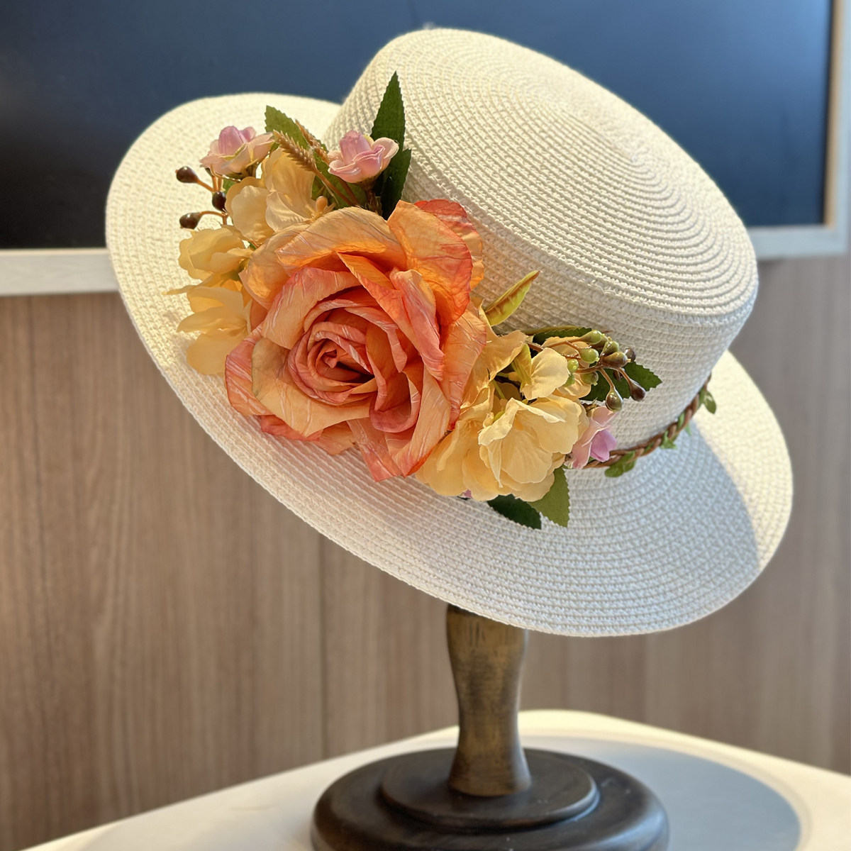 小清新平顶帽子女夏草帽度假花朵