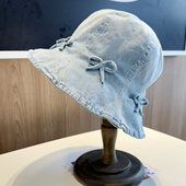 甜美可爱蝴蝶结复古显脸小渔夫帽子女做旧牛仔遮阳可折叠防晒帽潮