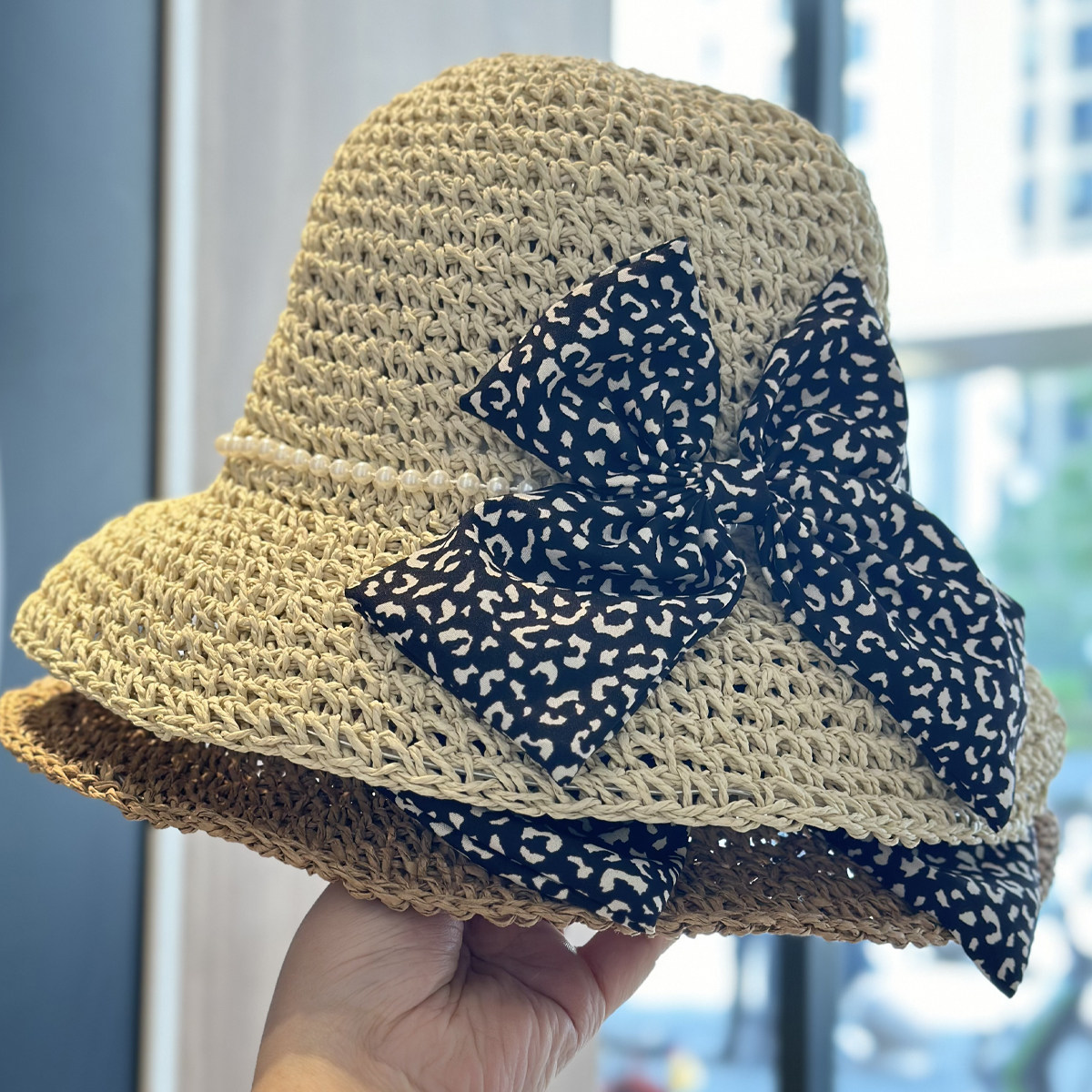 珍珠黑色蝴蝶结草帽子女夏日
