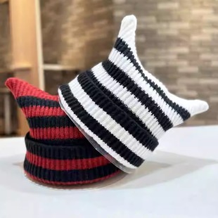 日系条纹猫耳朵针织帽子女秋冬时尚洋气时髦大头围包头冷帽潮酷男
