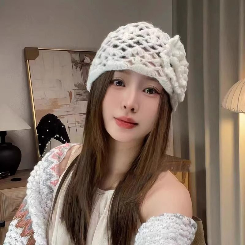 镂空花朵包头帽子女韩版ins手工编织钩花针织堆堆帽时尚套头冷帽