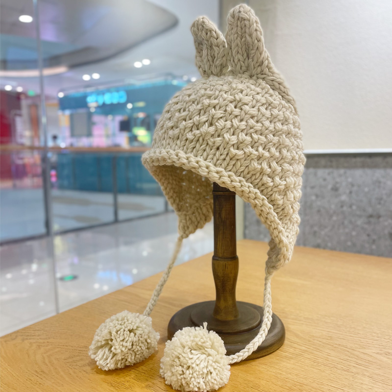 兔耳朵毛球系带包头帽子女