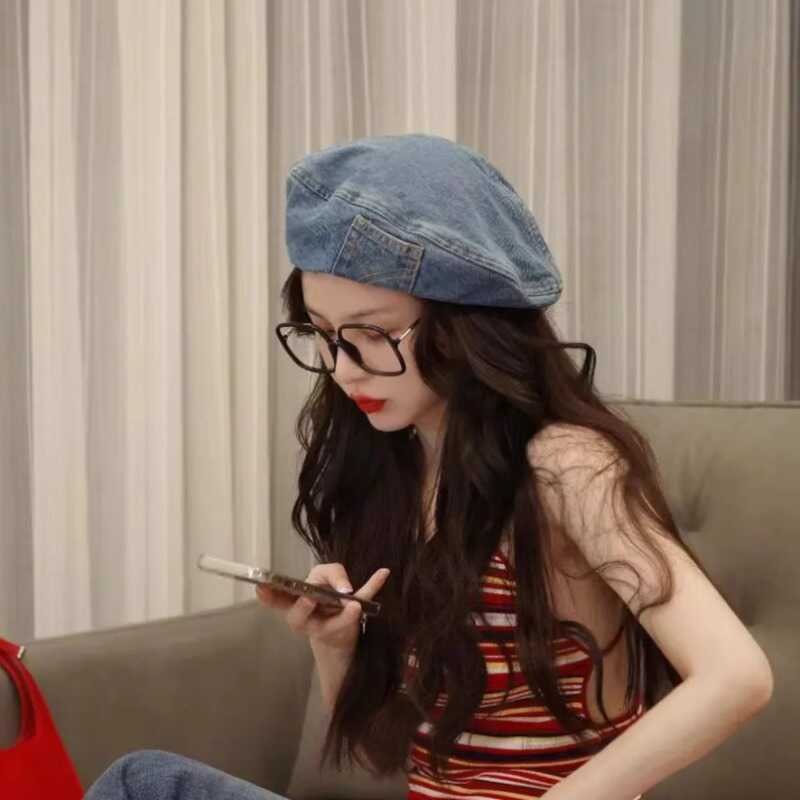 网红牛仔贝雷帽女款口袋做旧复古