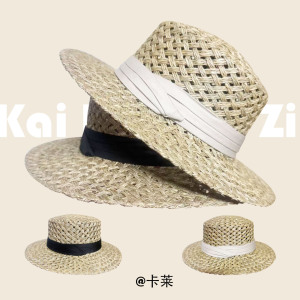 高级感法式度假遮阳草帽子女夏天防晒镂空透气咸草编织帽英伦复古
