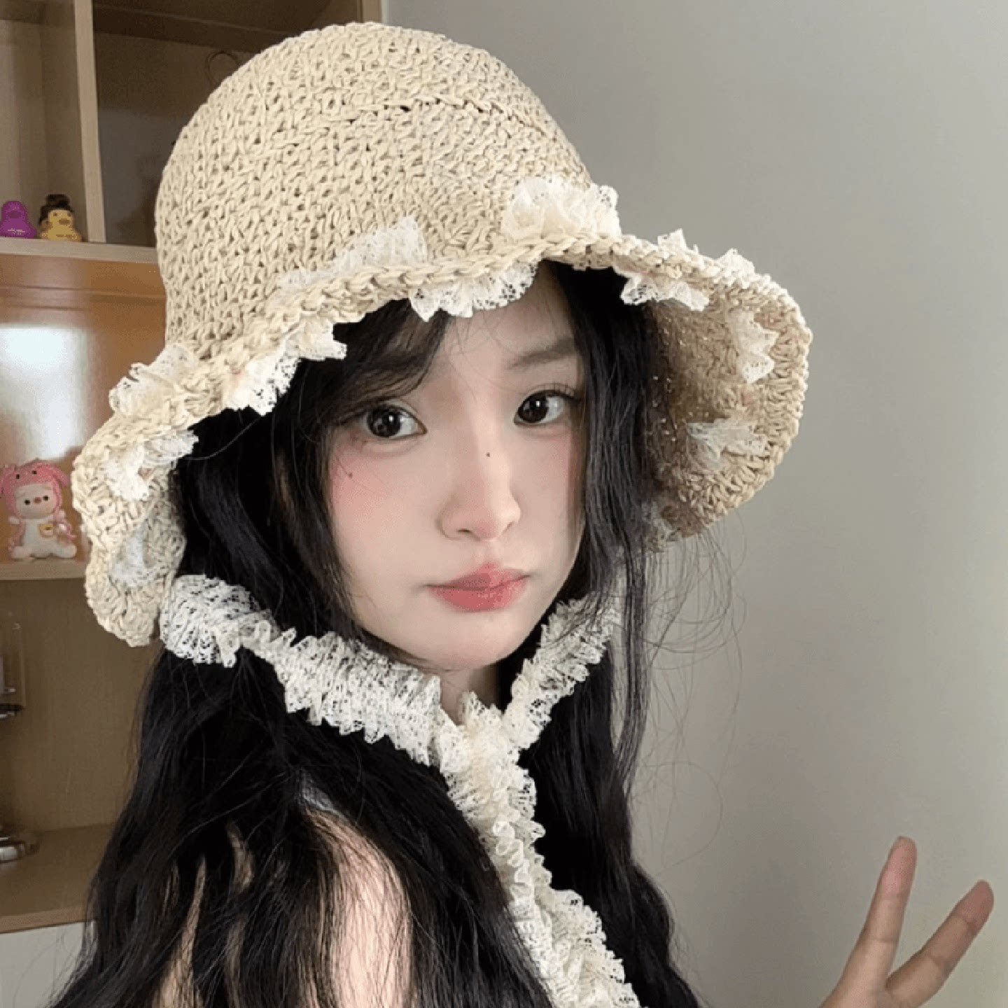 蕾丝花边飘带编织草帽子女春夏时尚百搭遮阳防晒度假渔夫帽显脸小