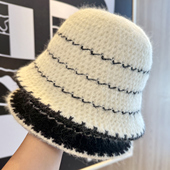 2025新款 针织渔夫帽子女条纹百搭显脸小盆帽简约休闲毛线水桶帽