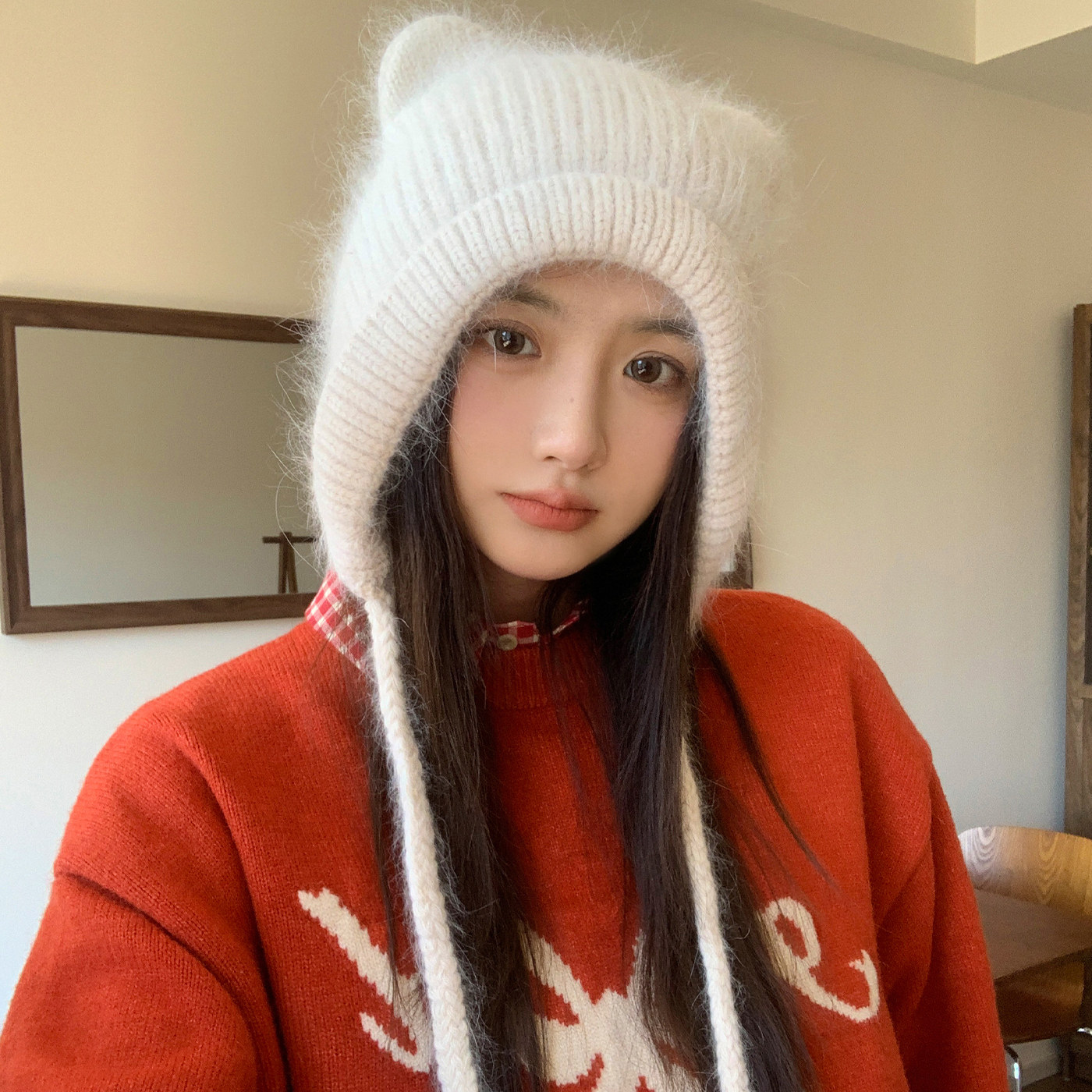 可爱猫耳朵针织帽子女秋冬保暖防风纯色兔毛护耳毛线帽系带防寒帽