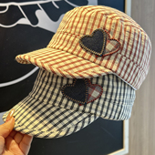 复古格纹爱心鸭舌帽子女春季 贴布百搭显脸小透气画家帽海军帽 个性