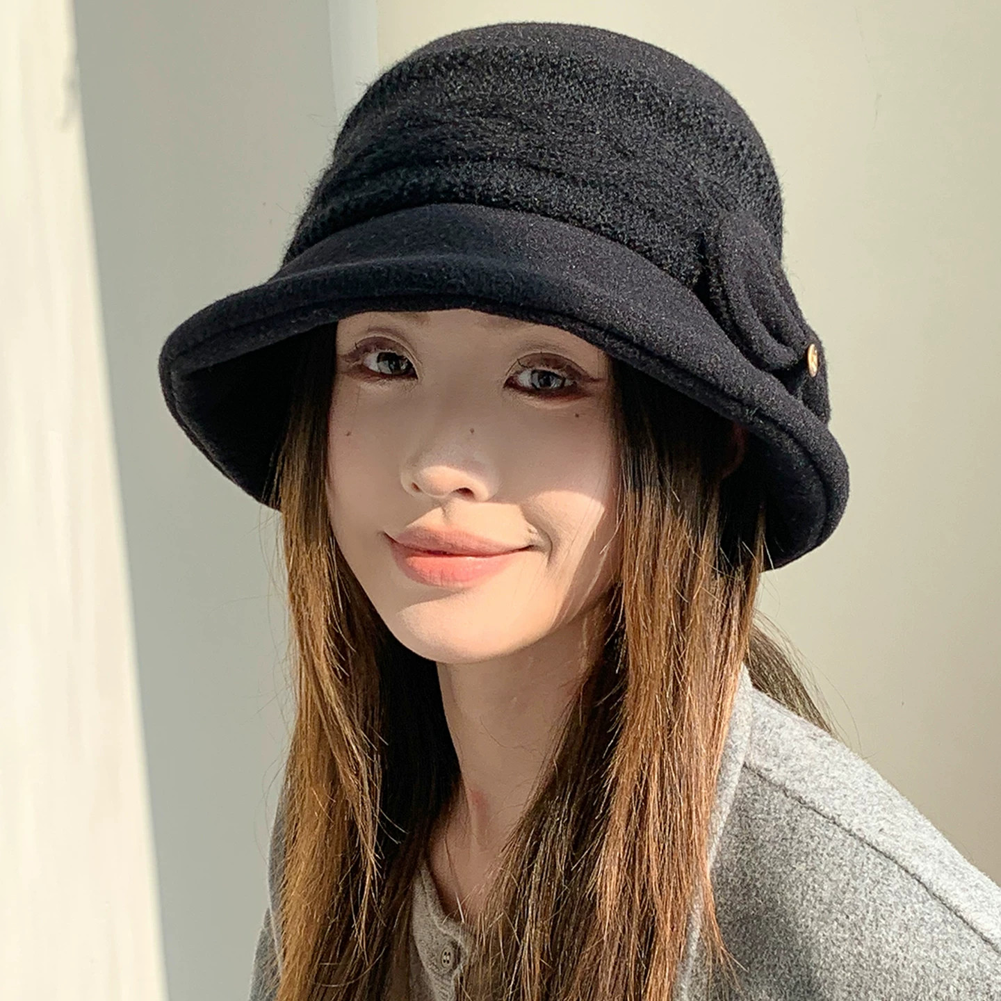 秋冬女小保暖针织蝴蝶结渔夫帽