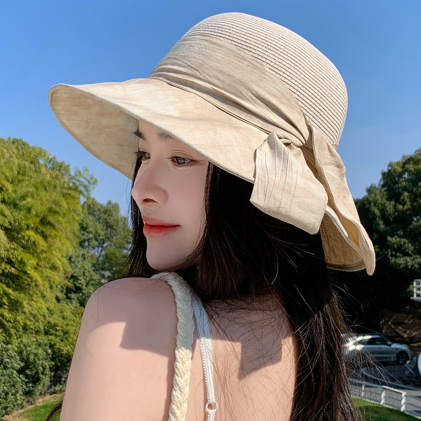 赫本风宽檐防晒可调渔夫帽女