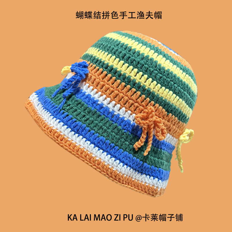 春秋日系蝴蝶结渔夫帽子女2024新款复古手钩甜美显脸小防晒水桶帽