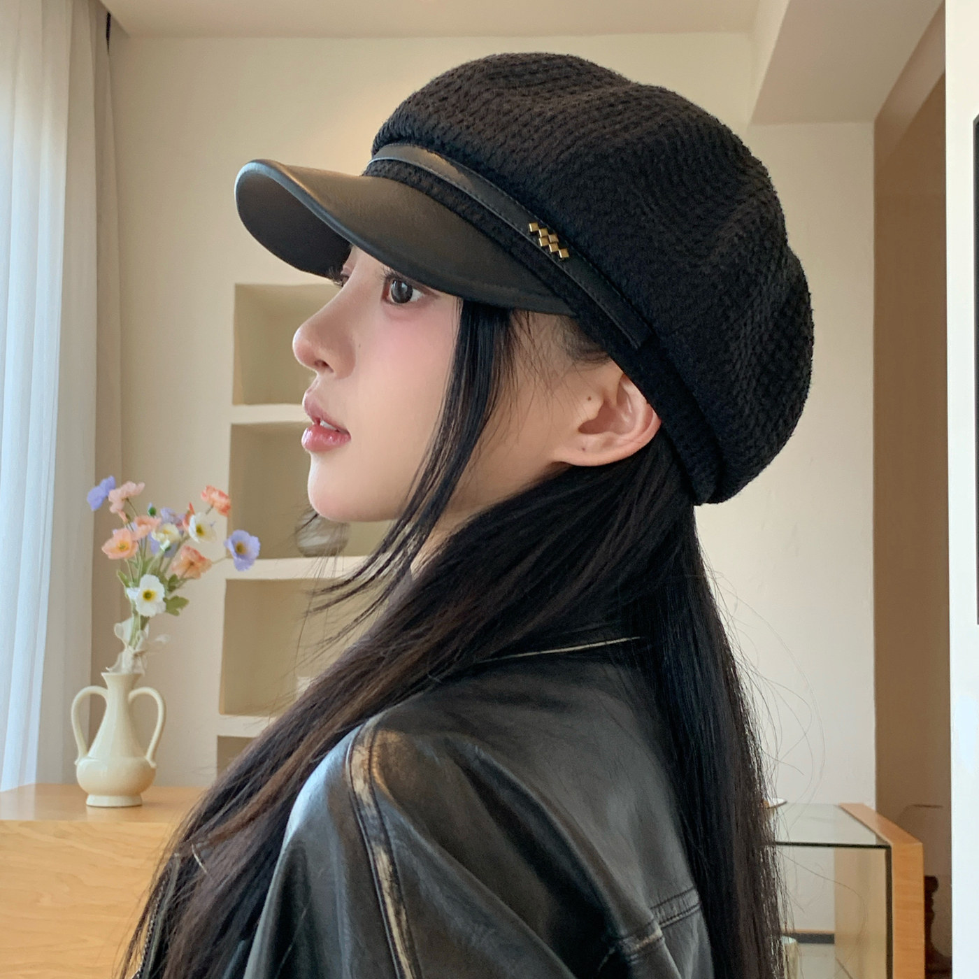 新款百搭秋冬小格子八角帽