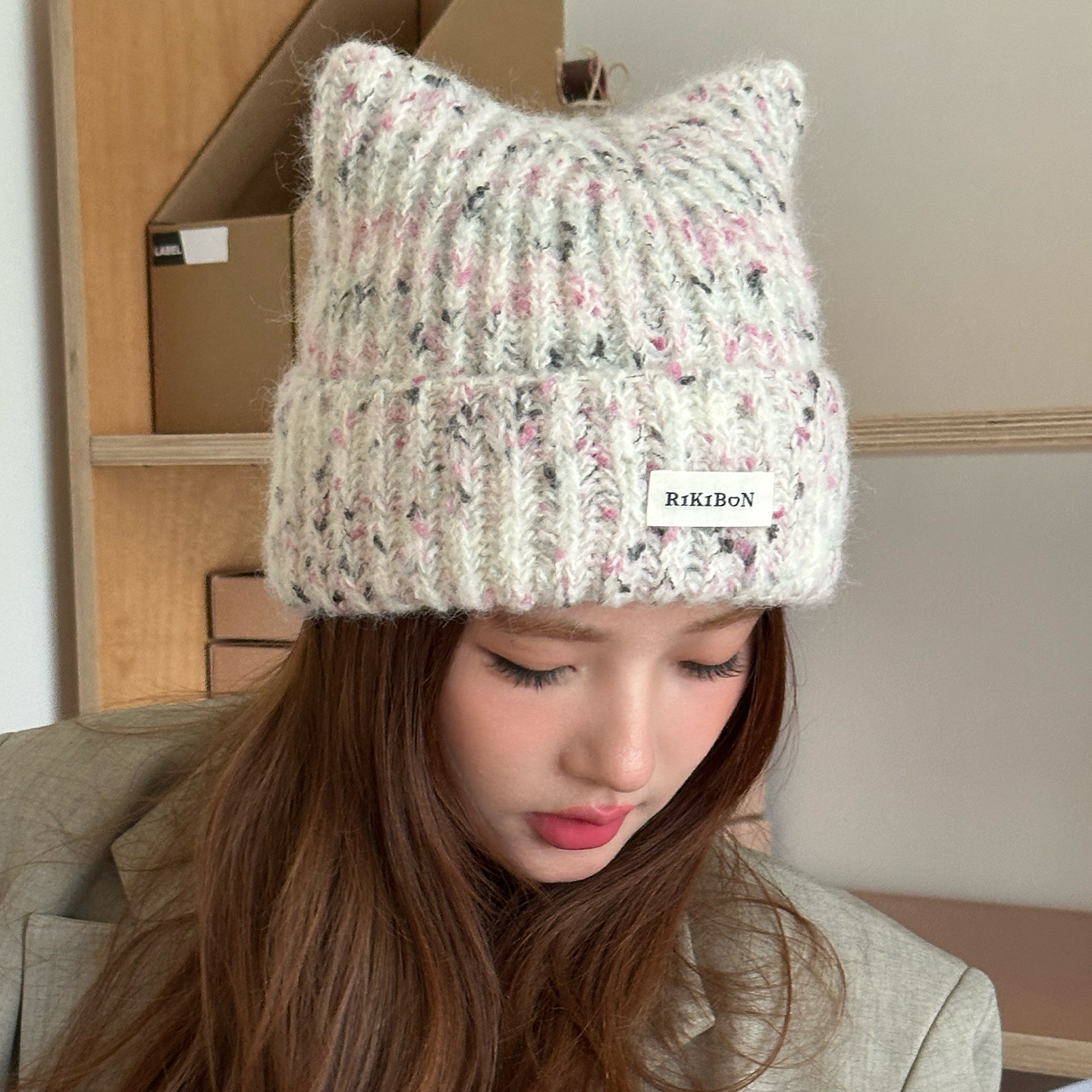 猫耳朵毛线帽大头围女款秋冬季可爱冷帽加厚防寒保暖针织毛绒帽子