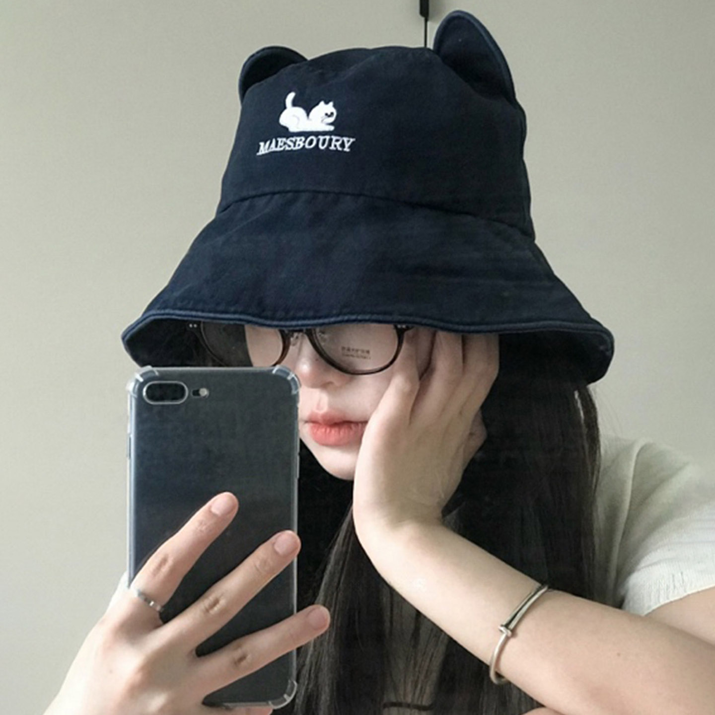 可爱猫耳刺绣渔夫帽女春夏显脸小