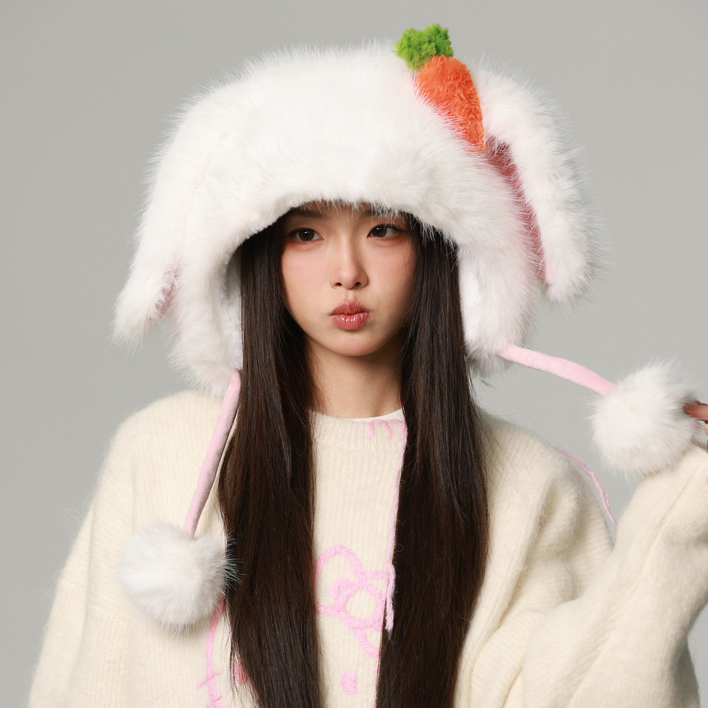 甜美可爱胡萝卜兔耳朵毛绒帽