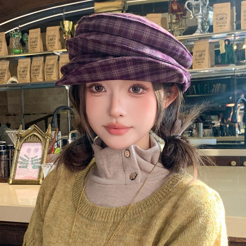 2025新款复古格纹贝雷帽子女
