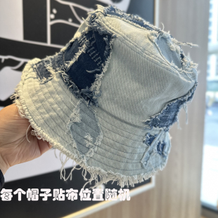 小众牛仔渔夫帽子女拼接随机贴布做旧乞丐风毛边街头潮牌百搭盆帽
