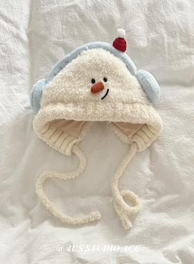 可爱卡通毛绒雪人针织帽子女秋冬季大头围保暖毛线帽套头雷锋帽