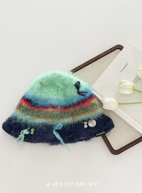 2024冬季新款手工钩织撞色条纹针织渔夫帽女小众设计彩色扣子盆帽