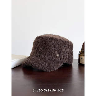 秋冬季保暖毛绒平顶马术帽女韩版高级感复古骑士帽显脸小报童帽