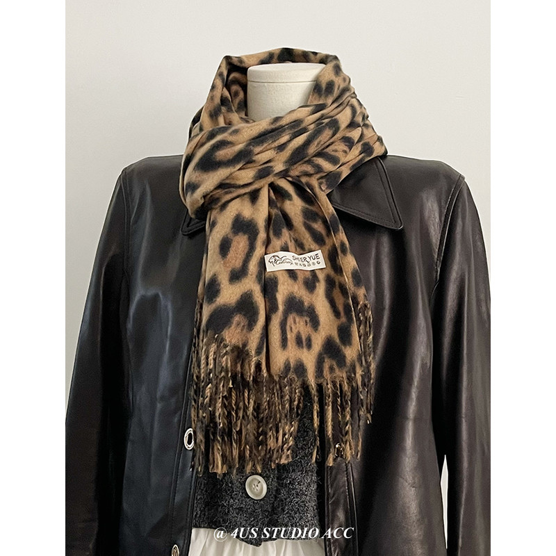 y2k甜酷辣妹复古豹纹流苏围巾