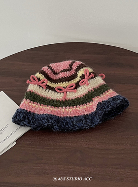 手钩毛线立体蝴蝶结条纹渔夫帽女复古设计感小众甜美可爱针织帽子