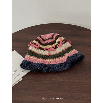手钩毛线立体蝴蝶结可爱渔夫帽