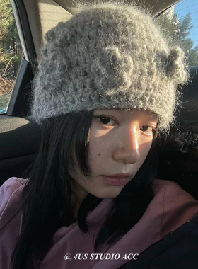 韩系花朵针织帽子女小众设计师款秋冬季手工钩织毛线帽护耳冷帽潮