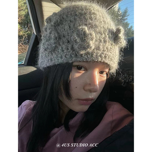 韩系花朵针织帽子女小众设计师款秋冬季手工钩织毛线帽护耳冷帽潮
