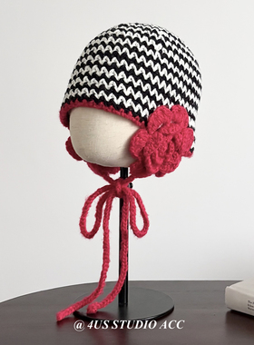 小众设计师款手工钩针编织花朵护耳针织帽女冬季系带包头帽显脸小