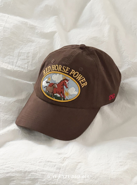 红马刺绣棒球帽女26ss限定韩国ig博主同款软顶弯檐鸭舌帽男显脸小