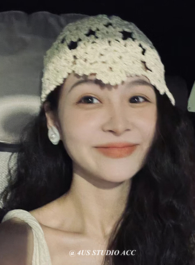 2024新款春夏季薄款镂空手工钩花针织帽女时髦凹造型薄款包头帽子