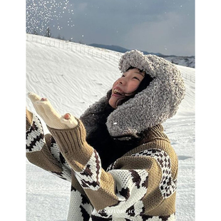 韩版羊羔绒帽子女冬季加厚保暖户外骑车防寒护耳雷锋帽男飞行帽潮